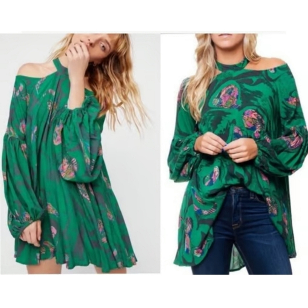 Free People  Green Drift Away Cold Shoulder Tunic Top XS
